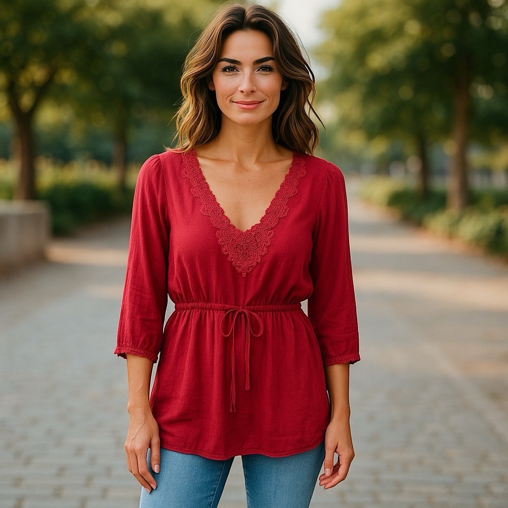 Johnny Was Red Embroidered‎ Tie Up Tunic Top Medium